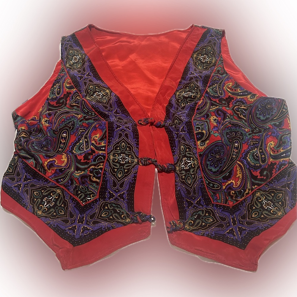 Vintage Paisley Red Boho Silk Vest | L